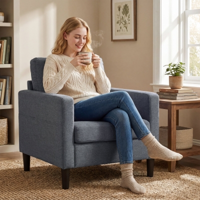 HOMCOM Accent Chair Upholstered Modern Armchair for Living Room with Thick Padded Seat and Armrests Dark Grey