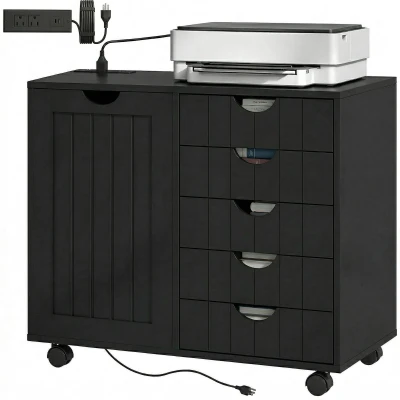 HOMCOM Mobile Lateral Filing Cabinet with 5 Drawers, Printer Stand with Power Outlets and USB Ports for Home Office, Black