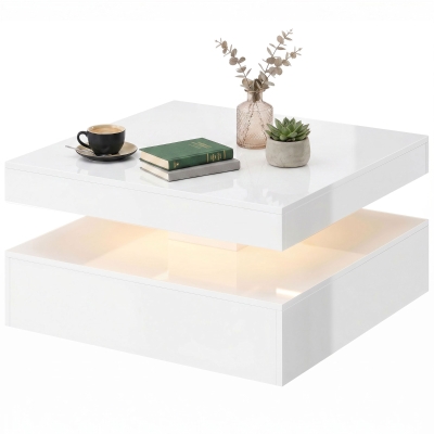 HOMCOM LED Coffee Table with Storage, 2-Tier Modern Center Table with Open Shelf and Remote for Living Room, High Gloss White