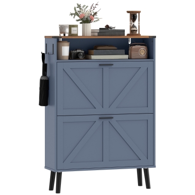 HOMCOM Shoe Storage Cabinet with 2 Flip Drawers, Farmhouse Narrow Shoe Cabinet, Holds Up to 16 Pairs, Blue