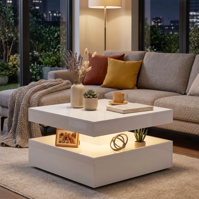 HOMCOM LED Coffee Table with Storage, 2-Tier Modern Center Table with Open Shelf and Remote for Living Room, High Gloss White