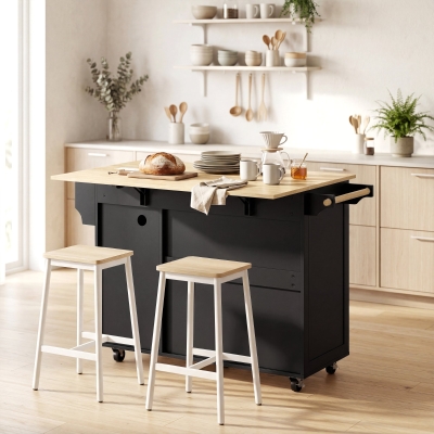 HOMCOM Kitchen Island with Drop Leaf, Rolling Kitchen Cart with Power Outlet, Cabinet, 3 Drawers, Spice Rack, Towel Bar, Black