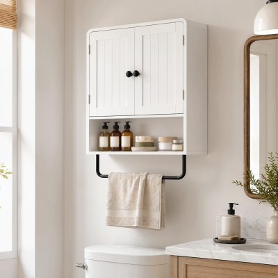 HOMCOM Wall Mounted Bathroom Cabinet, Bathroom Wall Cabinet with 2 Doors, Adjustable Shelf Storage, White