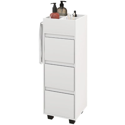 HOMCOM Slim Bathroom Cabinet, Bathroom Storage Cabinet with 4 Top Compartments, 3 Drawers & Towel Rack for Narrow Spaces, White