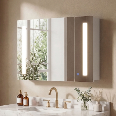 kleankin Medicine Cabinet with Mirror, Wall Mounted Bathroom Mirror Cabinet with Adjustable Shelf, USB Charge, High Gloss White