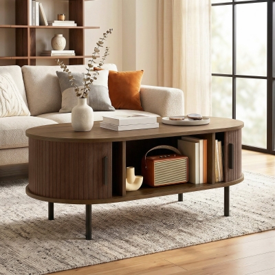 HOMCOM Coffee Table with Sliding Tambour Doors and Storage Center Table with Metal Legs, 39", Brown