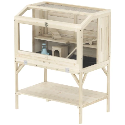 PawHut Wooden Hamster Cage with Openable Top, Water Bottle, Transparent Panels for Syrian, Dwarf Hamsters and Gerbils, Natural