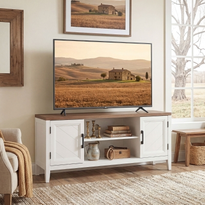 HOMCOM TV Stand for TVs up to 55 Inch, Entertainment Center with 2 Open Shelves, 2 Cabinets, Thick Top, White and Brown