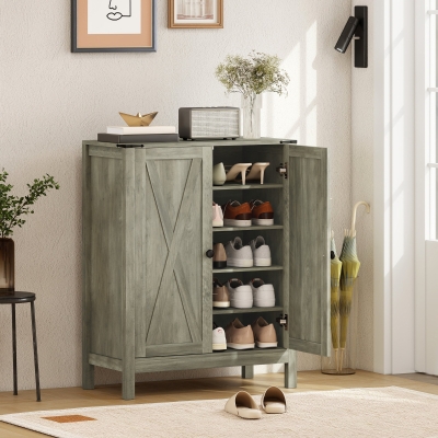 HOMCOM Shoe Cabinet with Barn Doors, Farmhouse Shoe Storage Cabinet with Adjustable Shelves, Holds up to 15 Pairs, Grey