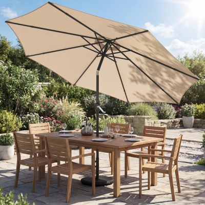 Outsunny 10' x 10' Round Market Umbrella with Base and Sandbag, Patio Umbrella with Crank Handle and Tilt, Khaki