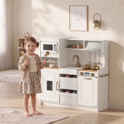 Qaba Play Kitchen, Kids Kitchen Playset with Coffee Machine, Ice Maker, Microwave, Oven, Storage, Gift for Toddlers 3+, White