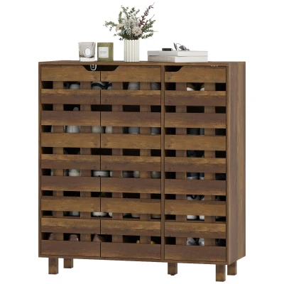 HOMCOM Shoe Cabinet, 17-20 Pairs Shoe Storage Cabinet with Hollowed-Out Doors, Distressed Brown