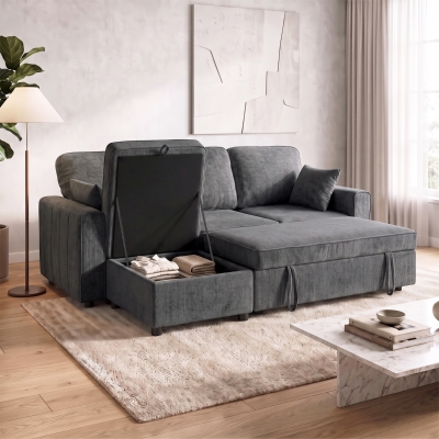 HOMCOM Modular Sectional Sofa Bed with Reversible Storage Ottoman, Pull Out Sleeper Sofa with Spring Cushion, Dark Grey
