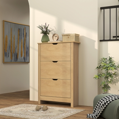 HOMCOM Shoe Storage Cabinet with 3 Flip Drawers and Adjustable Shelves for 12-18 Pairs of Shoes, Natural Wood