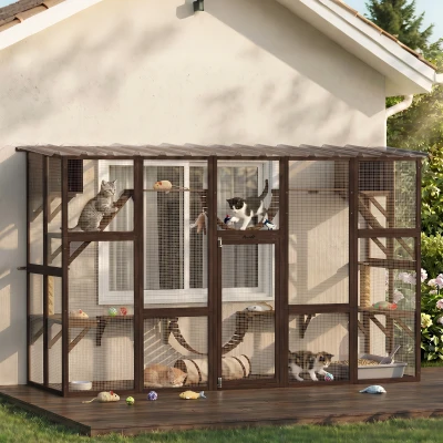 PawHut Catio Cat Window Enclosure with Shelves & Bridges, Brown
