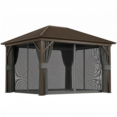 Outsunny 10' x 12' Outdoor Hardtop Gazebo Metal Roof Patio Gazebo with Aluminum Frame, Mesh Nettings, Dark Grey