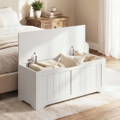 HOMCOM Storage Bench with Lift Top Storage Chest with Safety Hinges for Entryway, Living Room, White