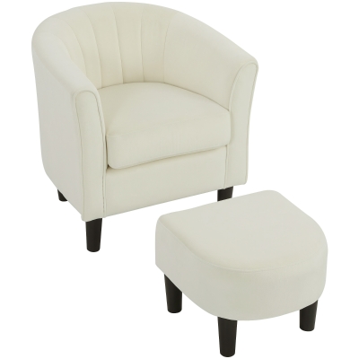 HOMCOM Accent Chair Modern Upholstered Living Room Chair with Ottoman and Pocket Spring Cushion Cream White