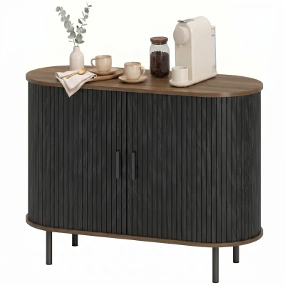 HOMCOM Sideboard Buffet Cabinet with Curved Tambour Doors and Storage, Brown Wood Grain