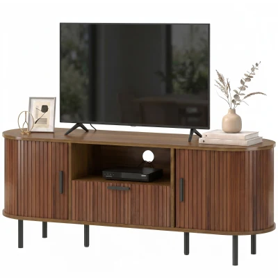 HOMCOM TV Stand for TVs up to 60", Modern Entertainment Center with Curved Sliding Doors and Storage, Brown