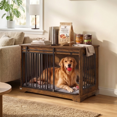 PawHut 100 cm Dog Crate Furniture with Sliding Barn Door for Large Breeds, Rustic Brown