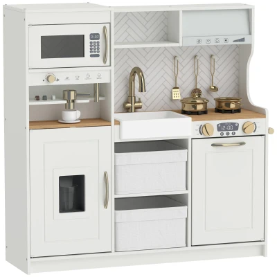 Qaba Play Kitchen, Kids Kitchen Playset with Coffee Machine, Ice Maker, Microwave, Oven, Storage, Gift for Toddlers 3+, White