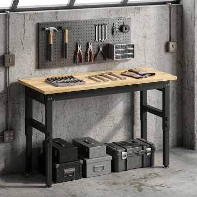 HOMCOM 48" Adjustable Workbench, Heavy Duty Work Table with Rubber Wood Top, Power Outlets, Pegboard, 2000 LBS Capacity