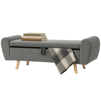 HOMCOM Storage Ottoman, 59" Corduroy End of Bed Storage Bench for King Size Bed with Wooden Legs and Rolled Arms, Dark Grey