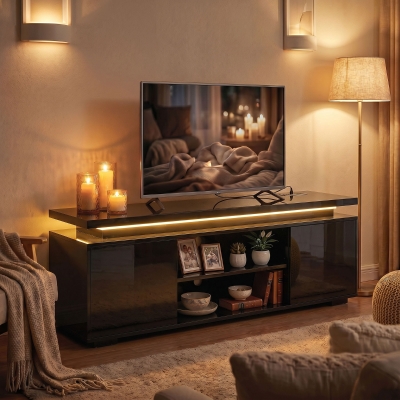 HOMCOM TV Stand for TVs up to 60 Inch, Modern Entertainment Center with LED Lights and Power Outlets, High Gloss Black