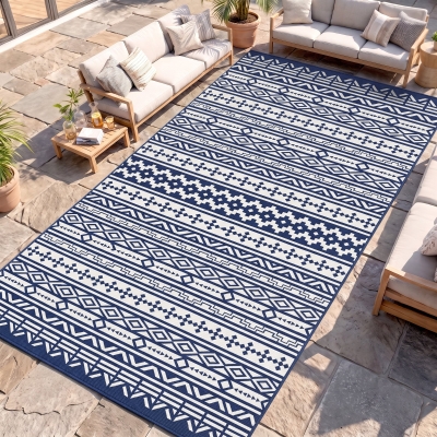 Outsunny 9' x 18' Outdoor RV Rug, Reversible Patio Floor Mat with Carry Bag, Geometric Wall, Blue and White