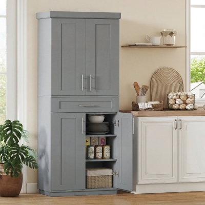 HOMCOM 72" Storage Cabinet, Freestanding Kitchen Pantry Cabinet with 4 Doors, Drawer and 3 Adjustable Shelves, Grey
