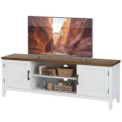 HOMCOM TV Stand for TVs up to 65 Inch, Entertainment Center with 2 Open Shelves, 2 Cabinets, Thick Top, White and Brown