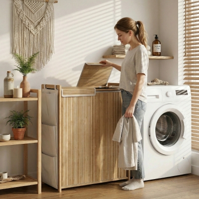 HOMCOM Bamboo Laundry Hamper with Removable Drawstring Bag and Side Storage Pockets, 32 Gal, Natural