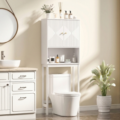 HOMCOM Over The Toilet Storage Cabinet with Adjustable Shelf, Open Shelf and Adjustable Bottom Bar, White