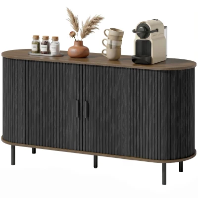 HOMCOM Fluted Sideboard Buffet Cabinet, 55" Mid Century Coffee Bar Cabinet with Sliding Doors and Adjustable Shelves, Black
