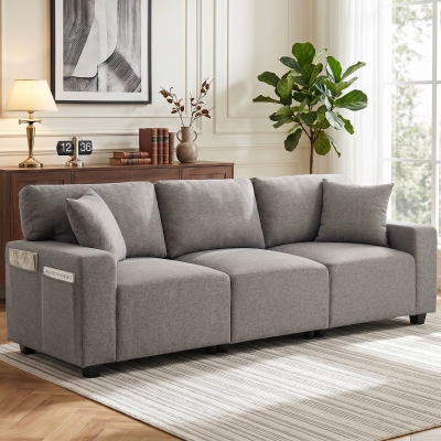 HOMCOM 3 Seater Sofa with Storage Pockets, Modern Upholstered Couch with Pocket Springs, Grey