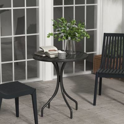 Outsunny 26" Round Patio Table, Outdoor Side Table with Steel Frame and Slat Tabletop for Garden, Balcony, Black