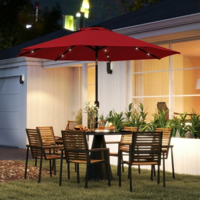 Outsunny 9ft Solar Patio Umbrella Outdoor Sunshade 24 LED Lights Tilt Canopy Wine Red