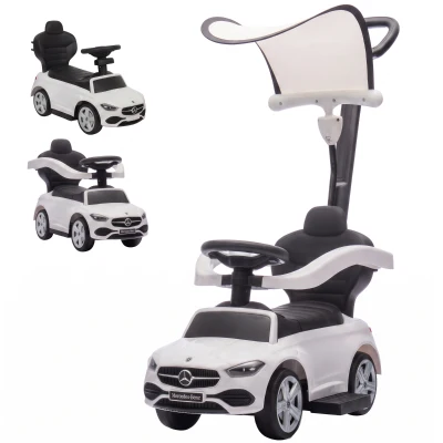 Qaba 3 in 1 Toddler Push Car Licensed Mercedes-Benz with Push Handle, Canopy, Guardrails, Horn, Music for 18-36 Months, White