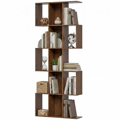 HOMCOM 5-Tier Bookshelf, S Shaped Geometric Bookcase with 15 Compartments, Brown Wood Grain