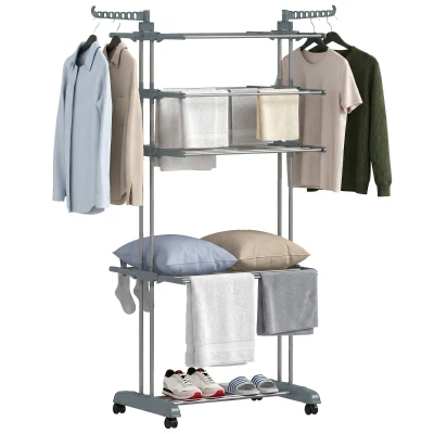 HOMCOM 5-Tier Clothes Drying Rack, Foldable Laundry Drying Rack with Wheels, Side Wings, Grey