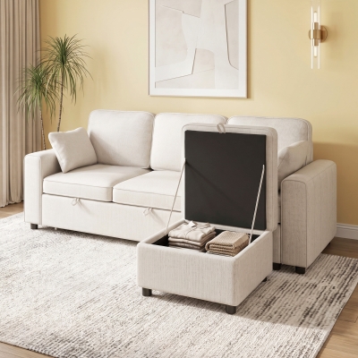 HOMCOM Modular Sectional Sofa Bed with Reversible Storage Ottoman, Pull Out Sleeper Sofa with Spring Cushion, Beige