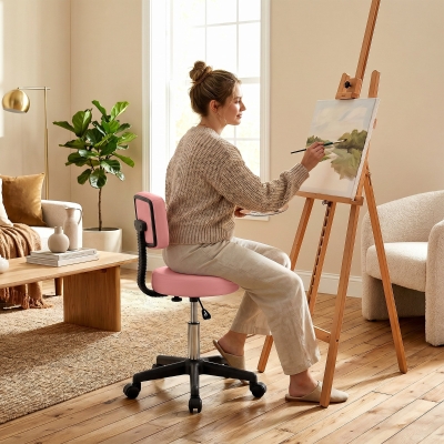 HOMCOM Rolling Stool with Wheels, Swivel Stool with Back Support, Adjustable Height, PU Leather Swivel Chair, Pink