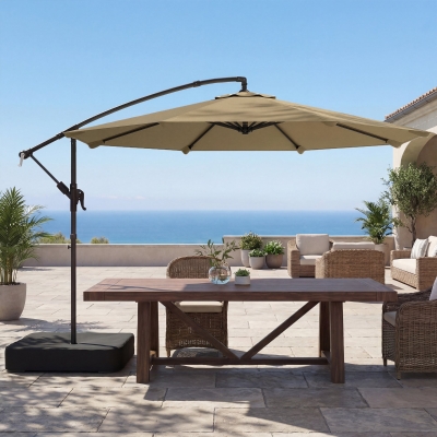Outsunny 9.6 ft Offset Patio Umbrella with Sandbag, Garden Hanging Banana Cantilever Parasol with 360° Rotation, Khaki