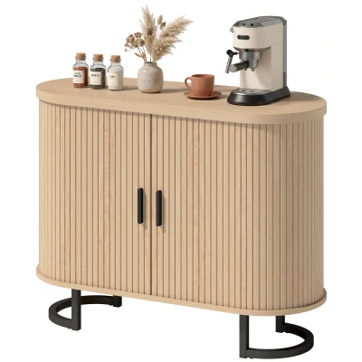 HOMCOM Sideboard Buffet Cabinet with Curved Tambour Doors, Thick Tabletop and Arc Metal Legs Natural Wood