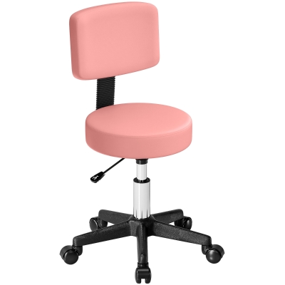 HOMCOM Rolling Stool with Wheels, Swivel Stool with Back Support, Adjustable Height, PU Leather Swivel Chair, Pink