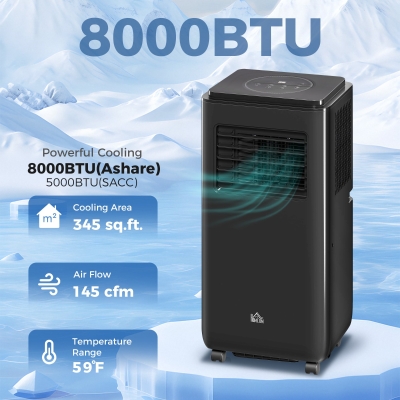 HOMCOM 8,000 BTU Moible Air Conditioner 345 Sq. Ft., Dehumidifier Fan Auto Sleep with 24H Timer On/Off, Window Kit, Black