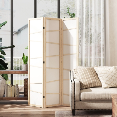 HOMCOM 66.9" Folding Room Divider, 3 Panel Wall Partition with Wood Frame for Bedroom, Home Office, Natural Wood