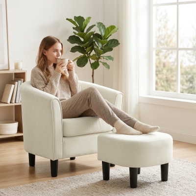 HOMCOM Accent Chair Modern Upholstered Living Room Chair with Ottoman and Pocket Spring Cushion Cream White