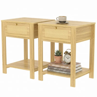 HOMCOM Boho Side Tables Set of 2, End Tables with Drawer and Open Shelf for Living Room, Natural Wood